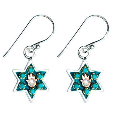 Enamel Star of David Earrings with Hamsa